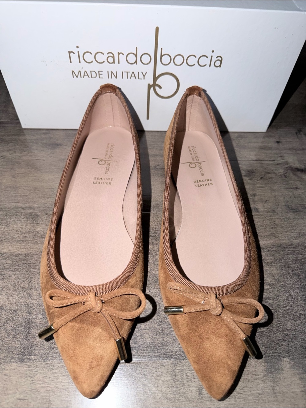 Riccardo Boccia Suede Pointed Toe Ballet Flats in Tan